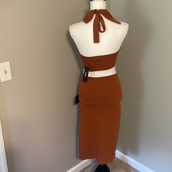 Lulu’s Loving it Rust Brown Knit Cutout Halter Bodycon Midi Dress - Picture 5 of 7